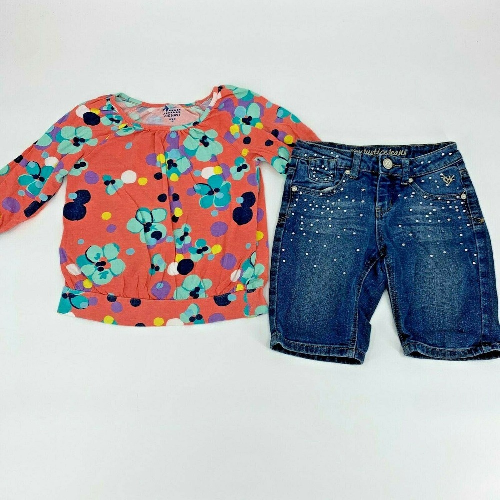 Old Navy Justice Shirt Shorts Outfit Floral Jean Denim Simply Low Sz M 8S